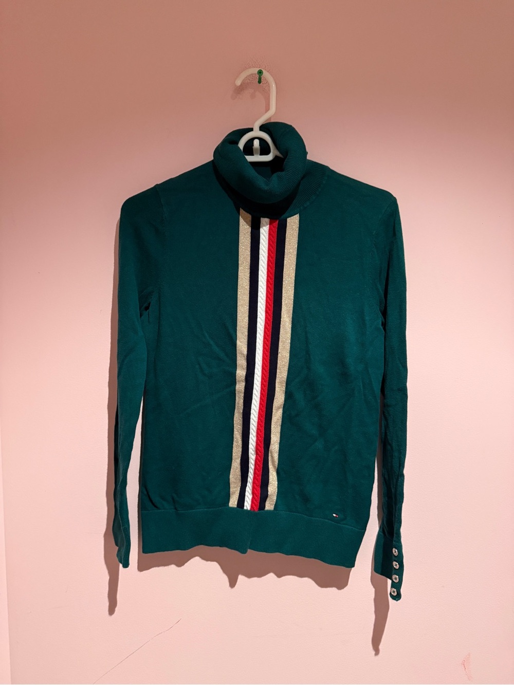 Tommy Hilfiger Teal Turtleneck Sweater with Vertical Signature Stripe